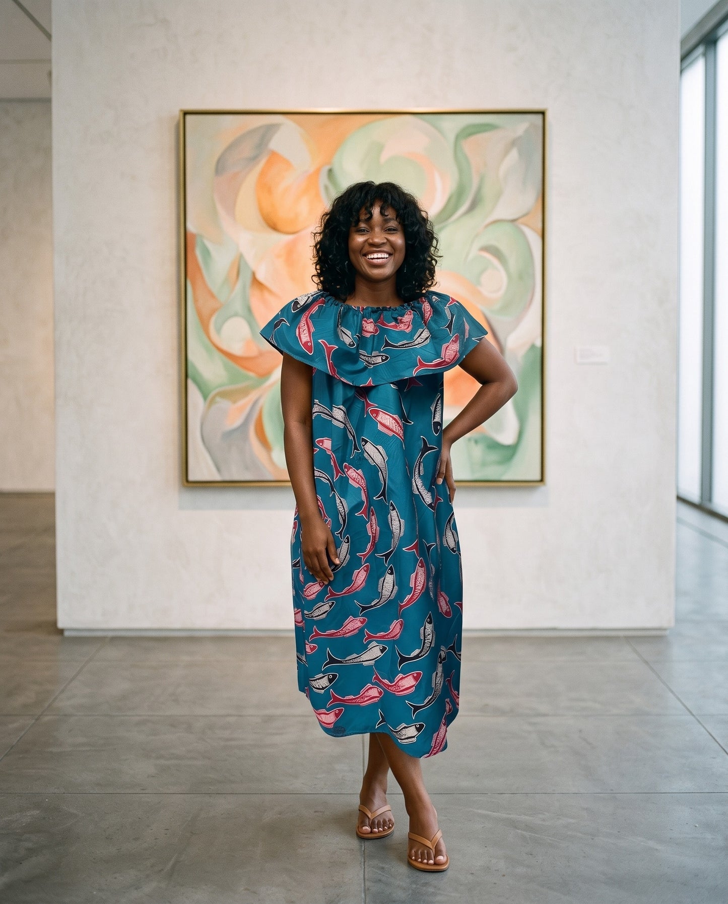 Off-the-Shoulder Fish Print Shift Dress