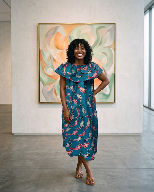 Off-the-Shoulder Fish Print Shift Dress