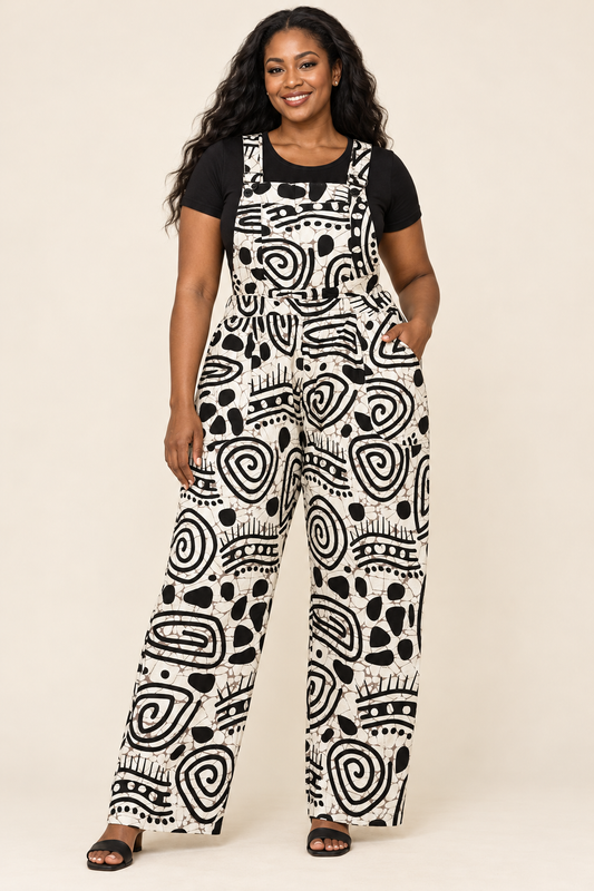 Women’s Black & Ivory African Print Overall Jumpsuit