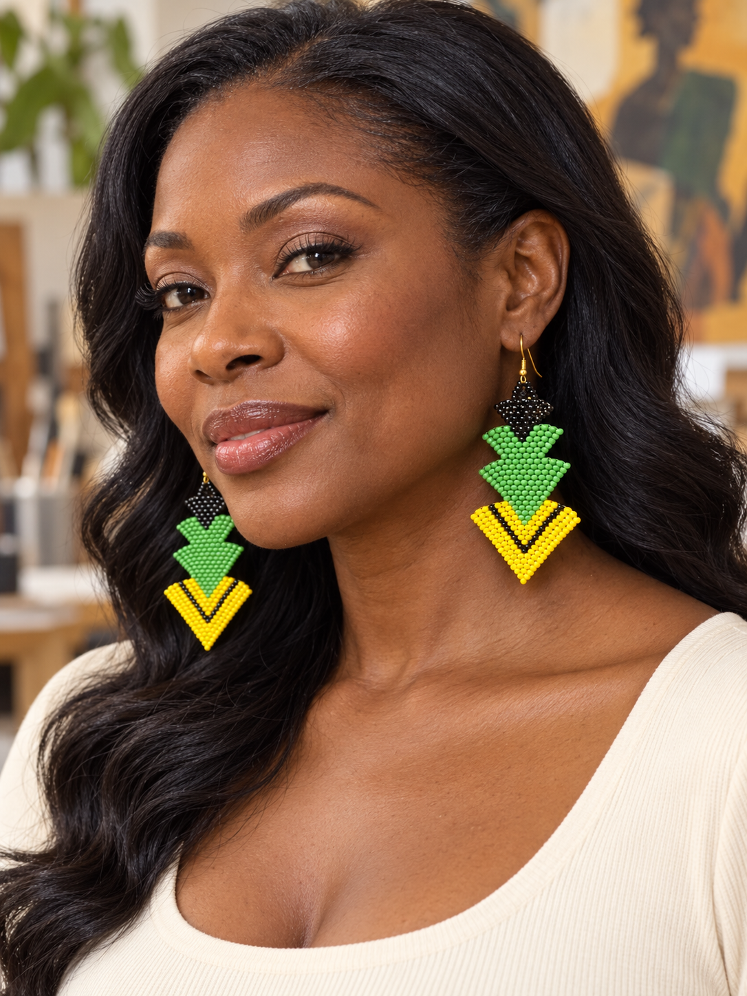 African Green, Yellow & Black Chevron Beaded Earrings