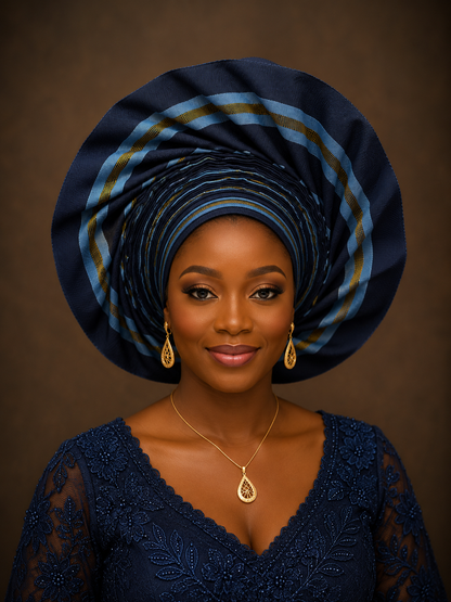 Navy Blue, Gold & Slate Blue Aso Oke Gele