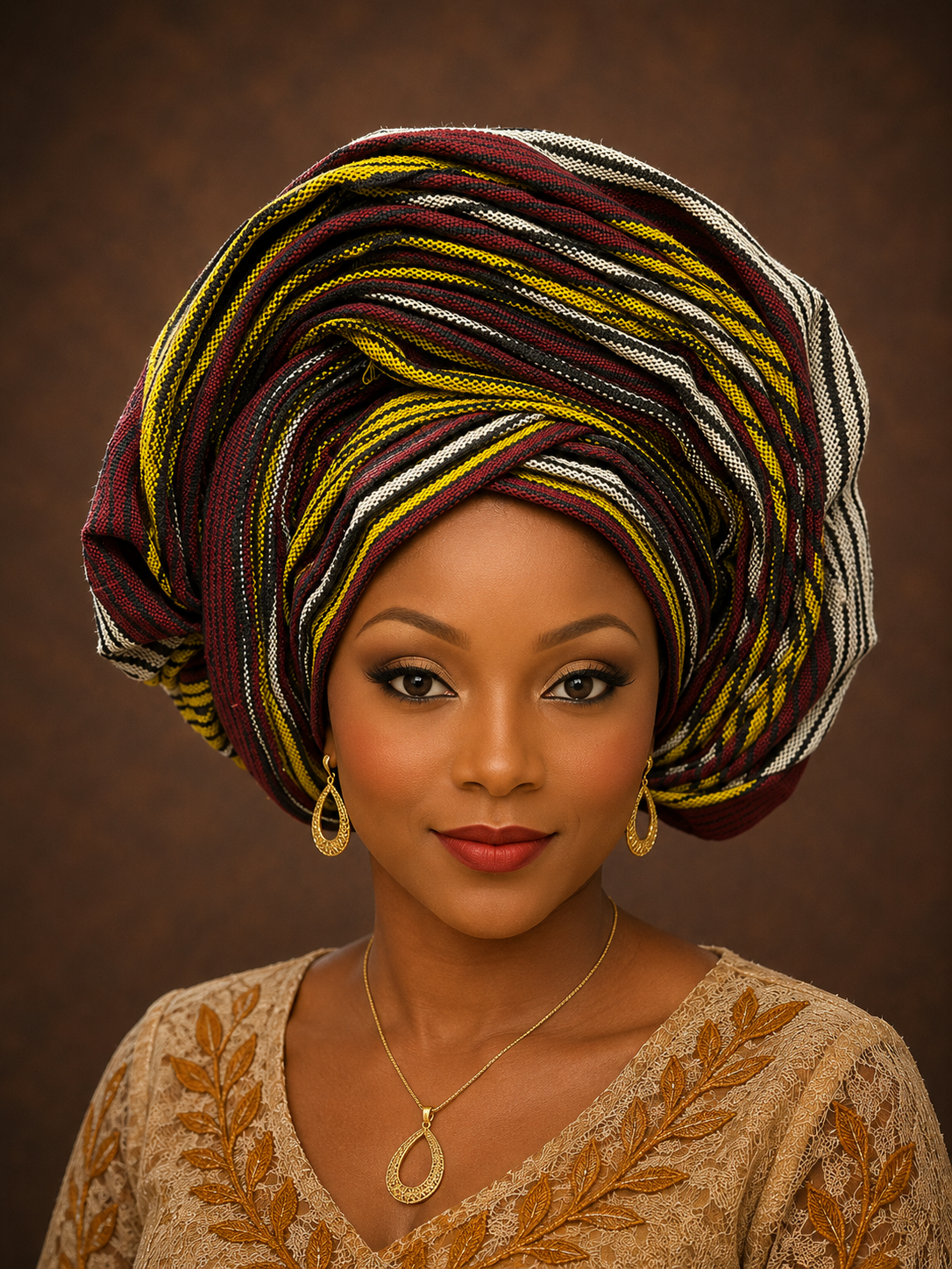 Olive Green, Burgundy & Black Aso Oke Gele