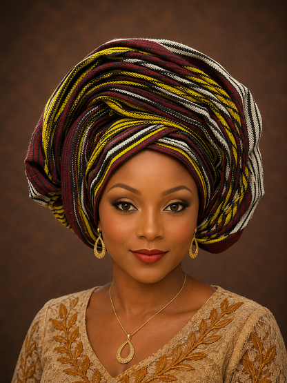 Olive Green, Burgundy & Black Aso Oke Gele