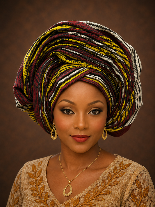 Olive Green, Burgundy & Black Aso Oke Gele