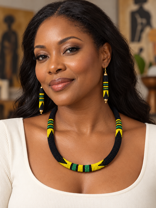 African Yellow, Green & Black Beaded Necklace & Earrings Set