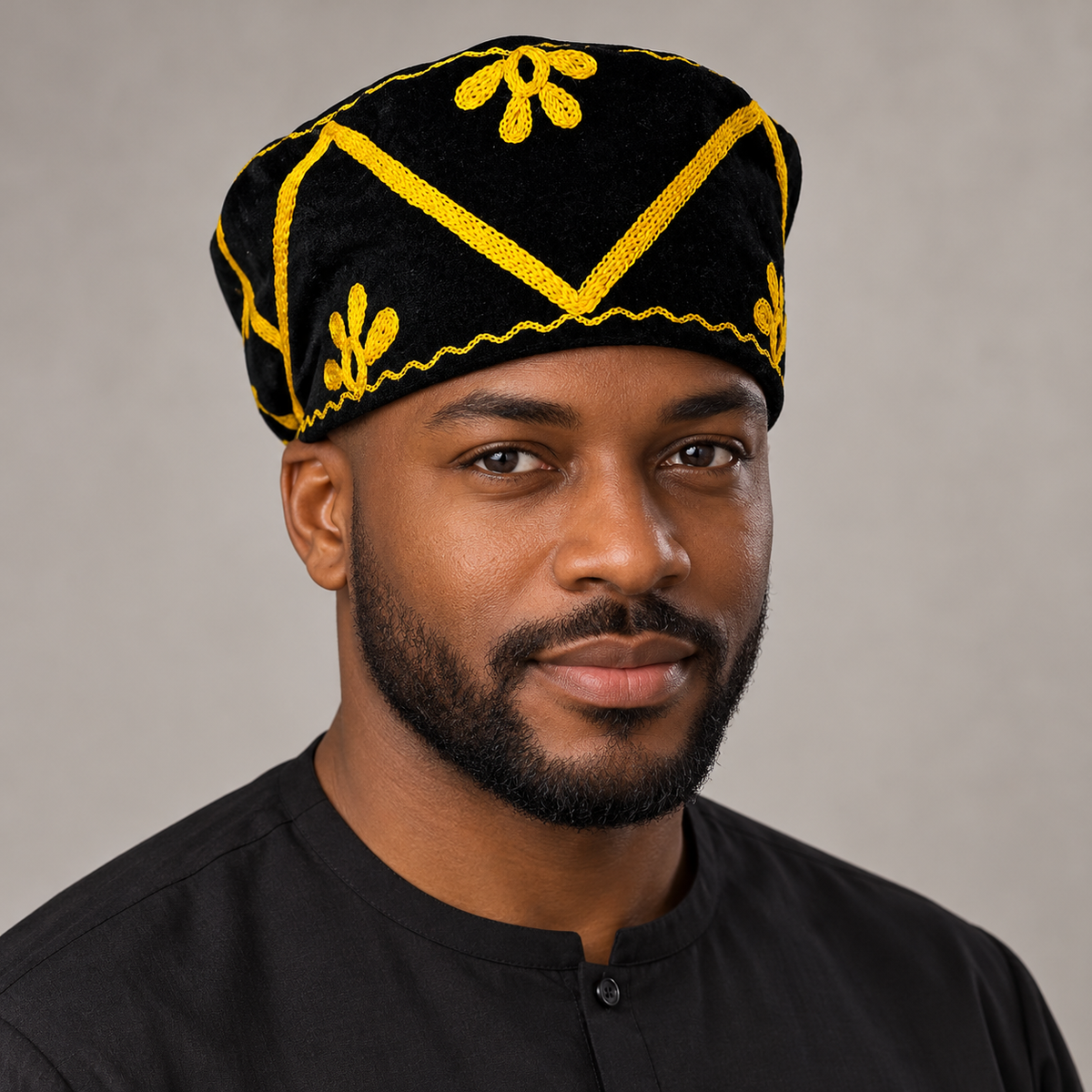 Black & Gold Embroidered Kufi Hat