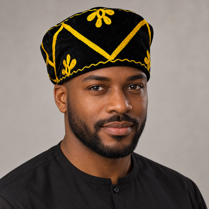 Black & Gold Embroidered Kufi Hat