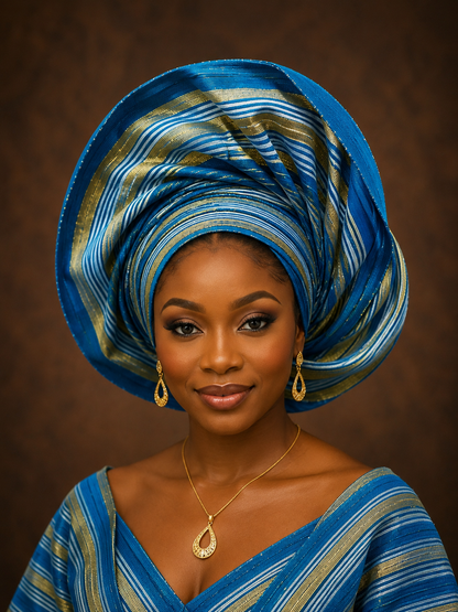 Royal Blue & Khaki Aso Oke Gele