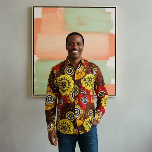 Man wearing a colorful patterned shirt standing in front of abstract art on a wall.