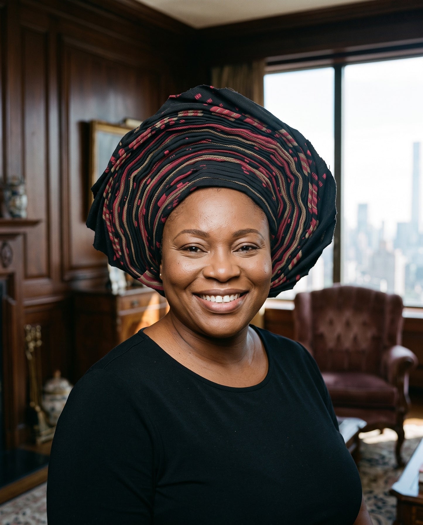 Black, Burgundy & Khaki Aso Oke Gele