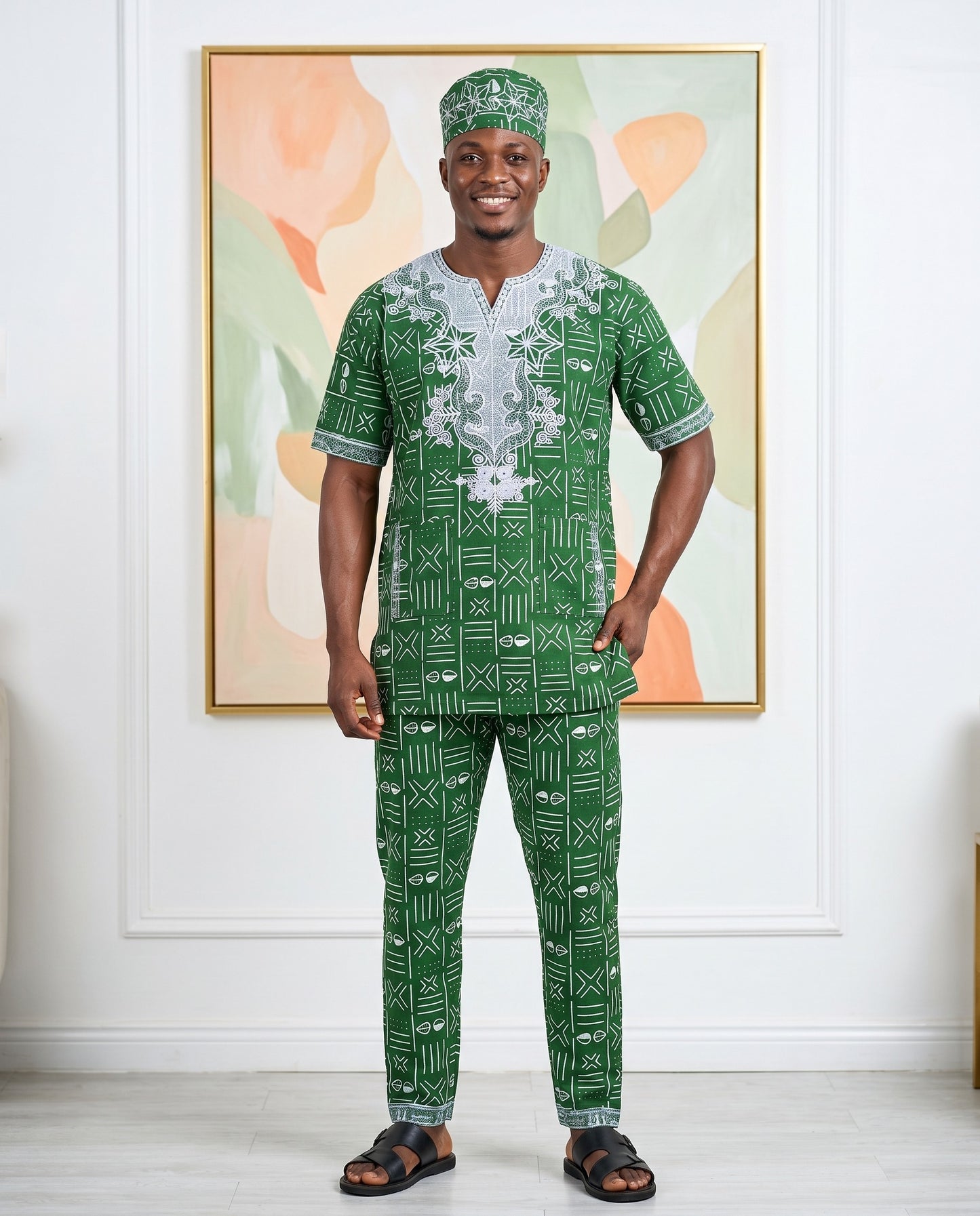Men's Green White Embroidered African Traditional 3-Piece Set