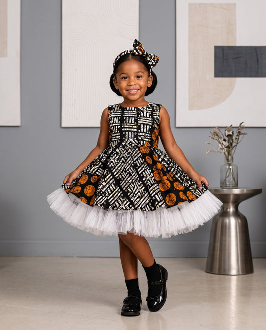 Girls Sleeveless Black White Frill Frock Tulle Overlay African Print Dress