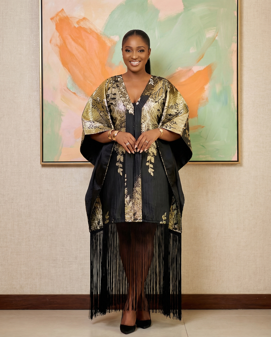 Black & Gold Pleated African Glitter Print Tassel Dress w/Headwrap