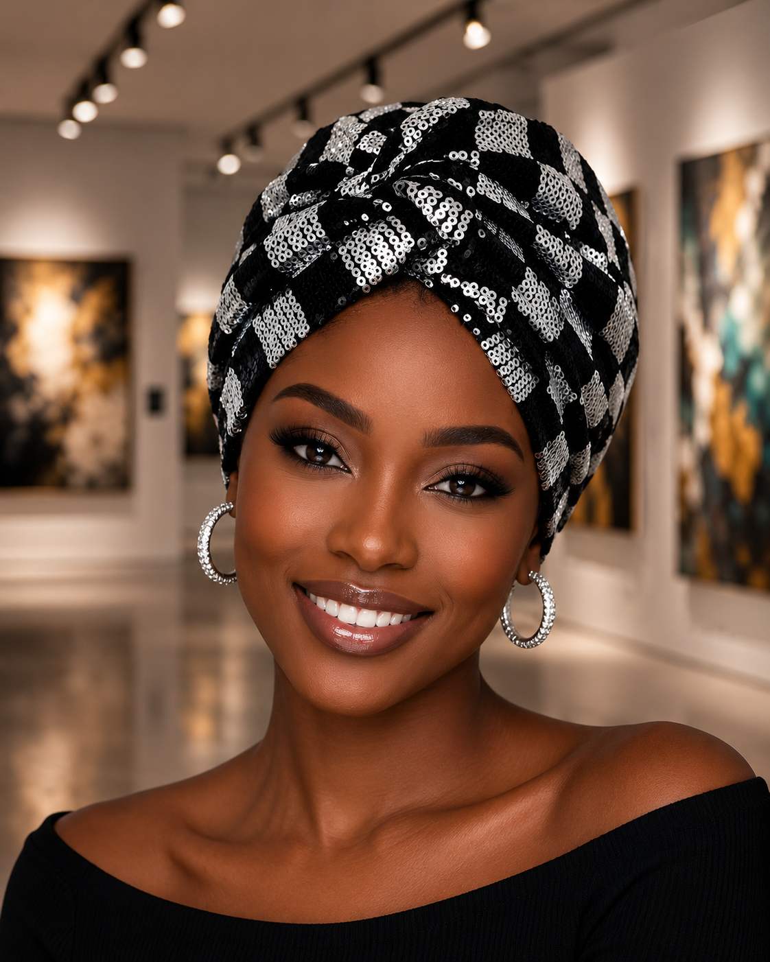 A smiling woman with a black and silver patterned headwrap turban and silver hoop earrings, photographed in a gallery setting with paintings in the background.
