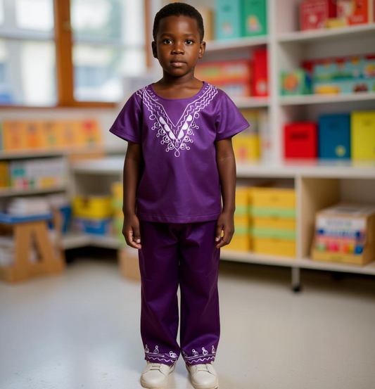 Boys Solid Purple Color 2pc African Dashiki Pant Set (XLarge)