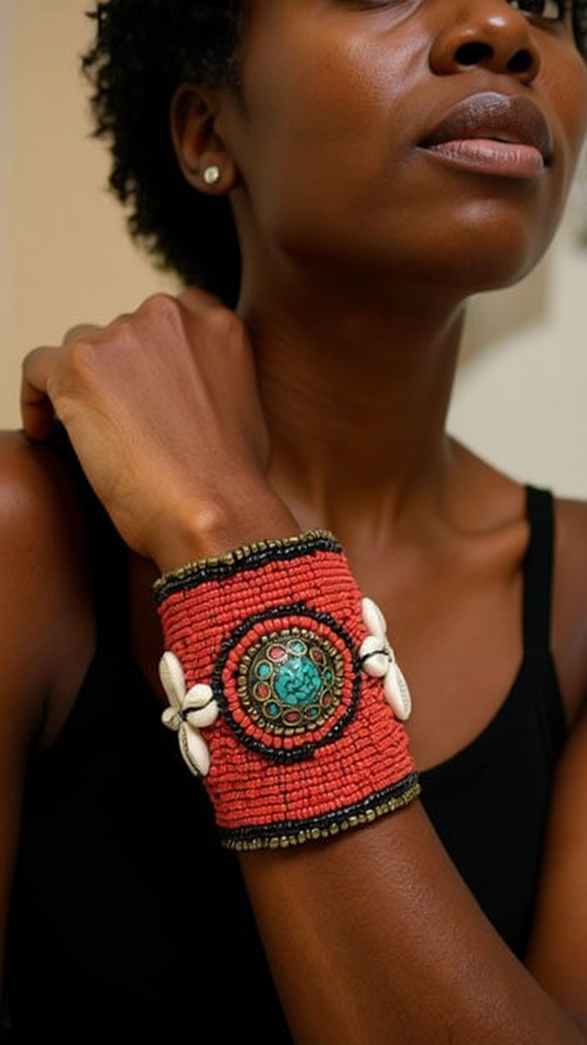 African Style Red Cuff Beaded Bracelet