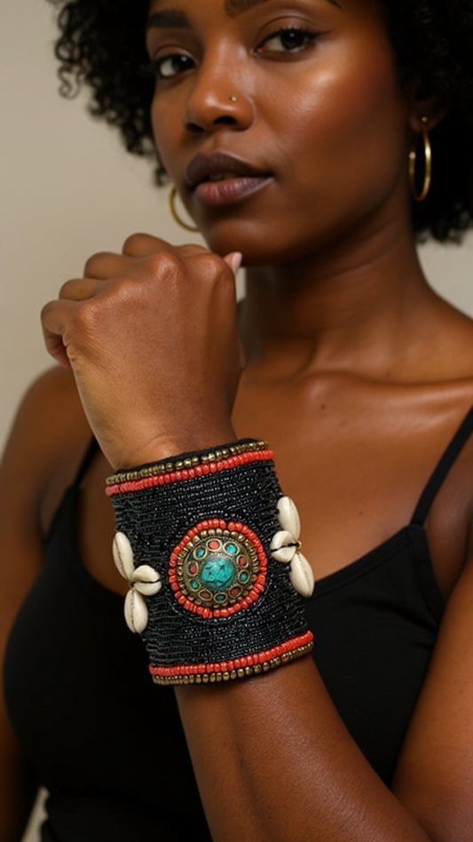 African Style Black Cuff Beaded Bracelet