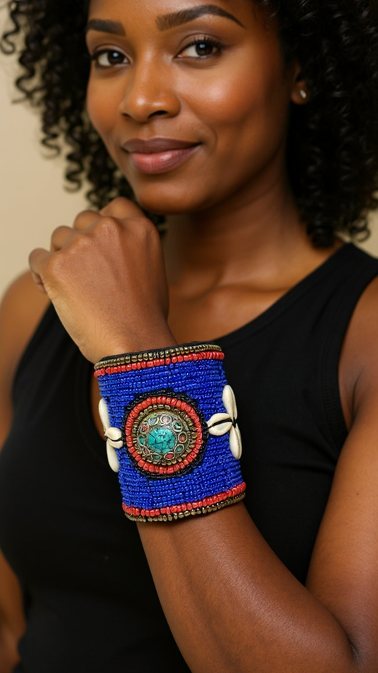 African Style Royal Blue Cuff Beaded Bracelet
