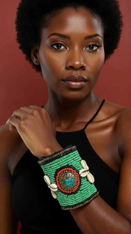 African Style Green Cuff Beaded Bracelet