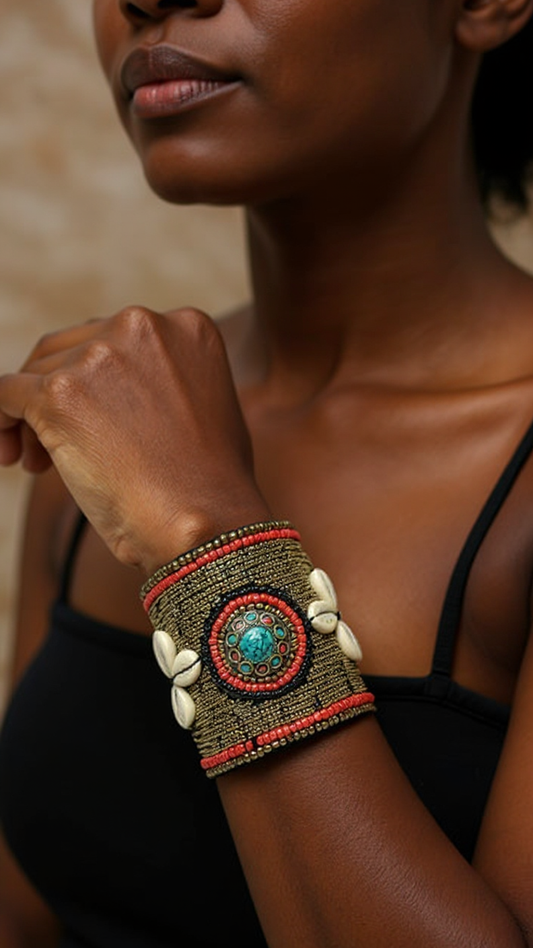 African Style Bronze Cuff Beaded Bracelet