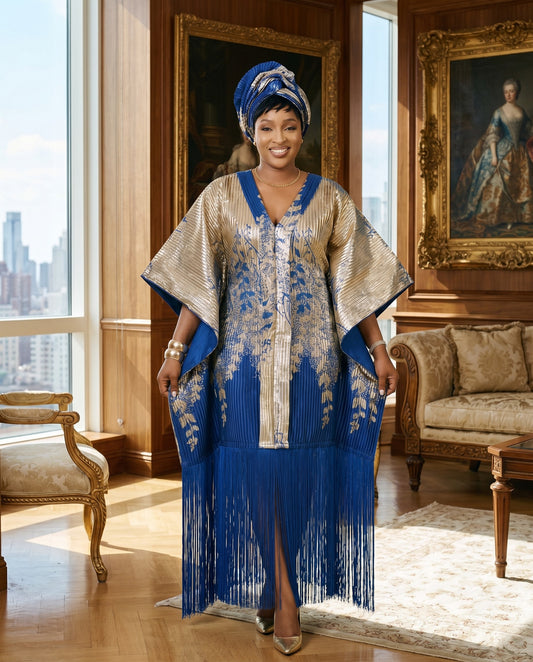 Royal Blue & Gold Pleated African Glitter Print Tassel Dress w/Headwrap