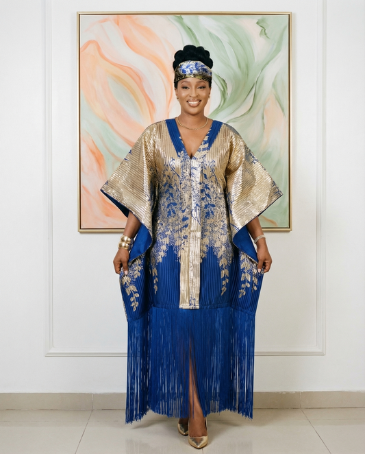 Royal Blue & Gold Pleated African Glitter Print Tassel Dress w/Headwrap