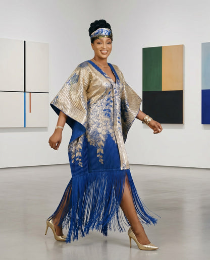 Royal Blue & Gold Pleated African Glitter Print Tassel Dress w/Headwrap