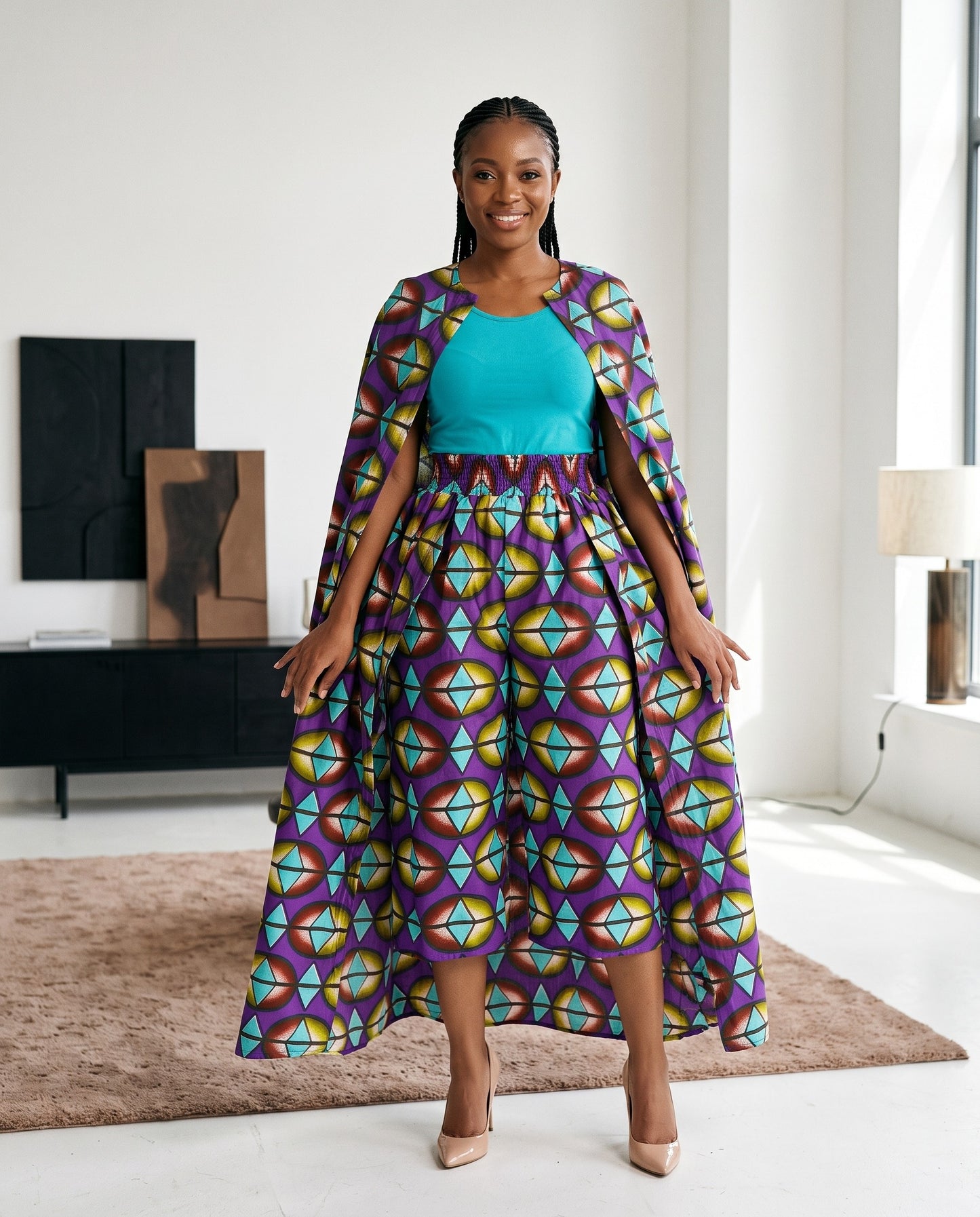 African Wax Purple Print Caped Capri Pants