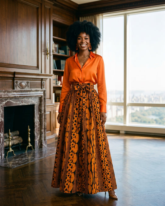 Orange and Black Bold African Print Maxi Skirt