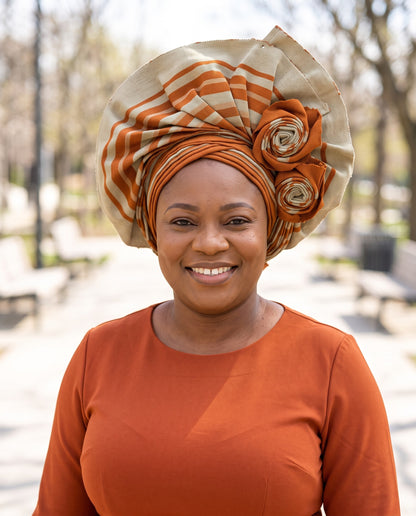 Khaki & Burnt Orange Aso Oke Gele
