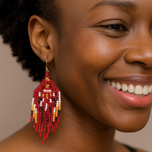 Native American Multicolor Beaded Long Drop Tassel Hook Earrings