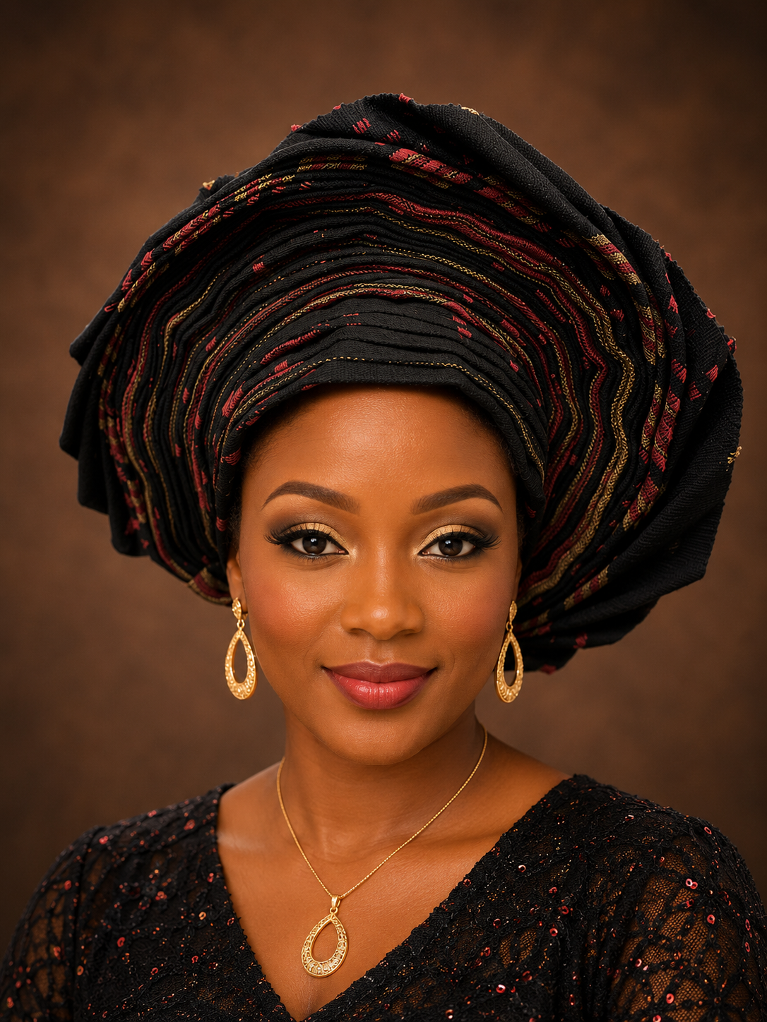 Black, Burgundy & Khaki Aso Oke Gele