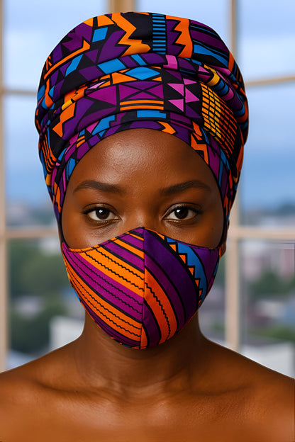 Purple Multi-Mix Print Headwrap with Matching Mask