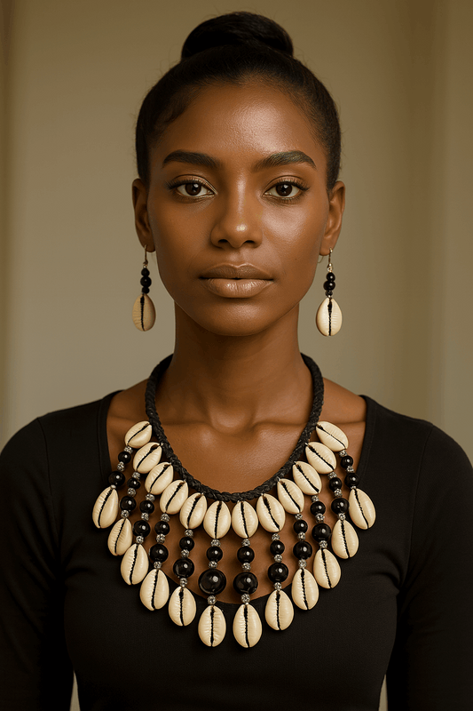Black Beaded Cowrie Shell Necklace & Earring Set