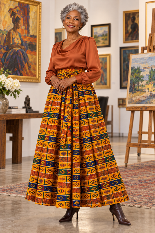 Golden Geometric Print Maxi Skirt