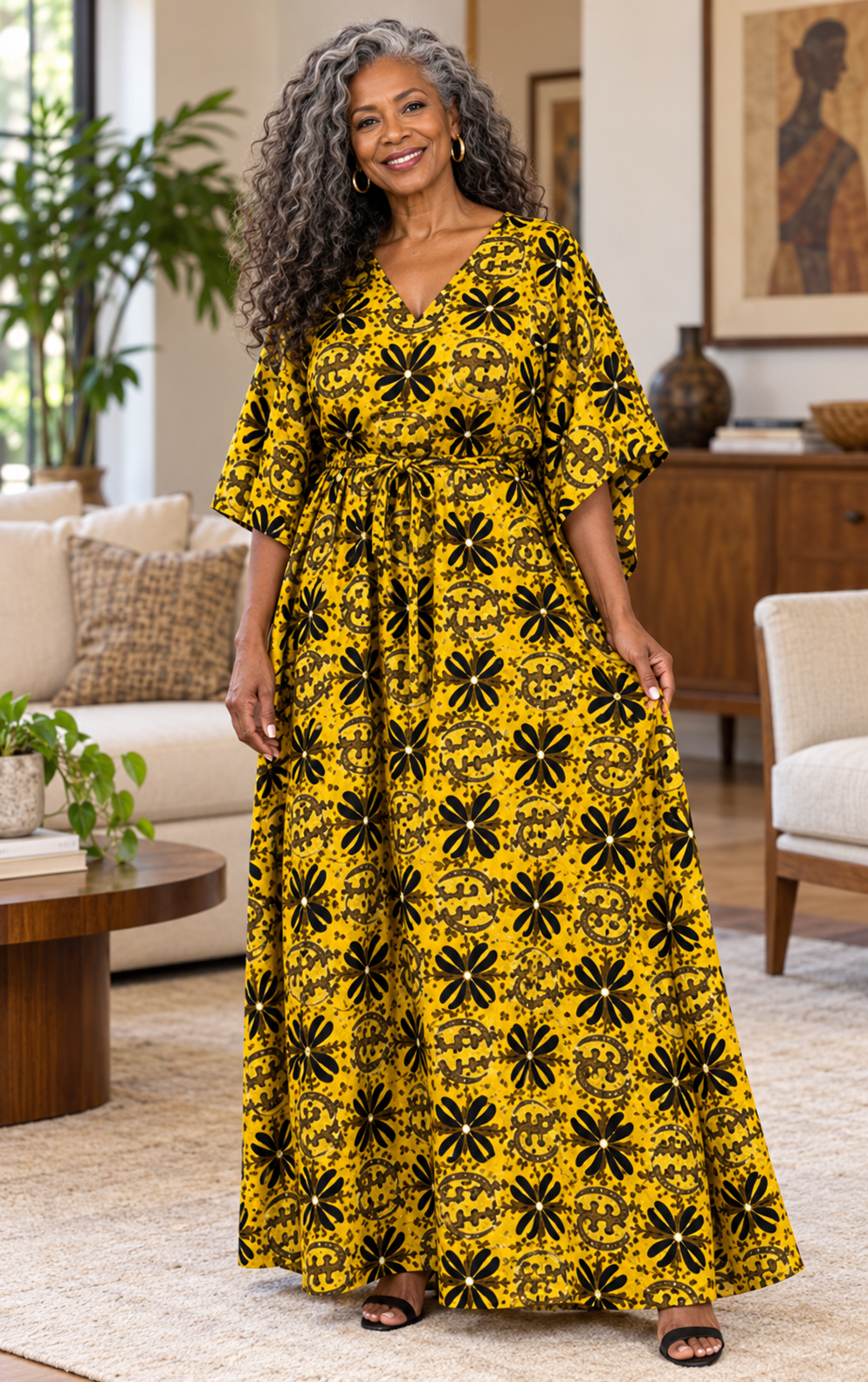 Yellow, Black Print Kaftan
