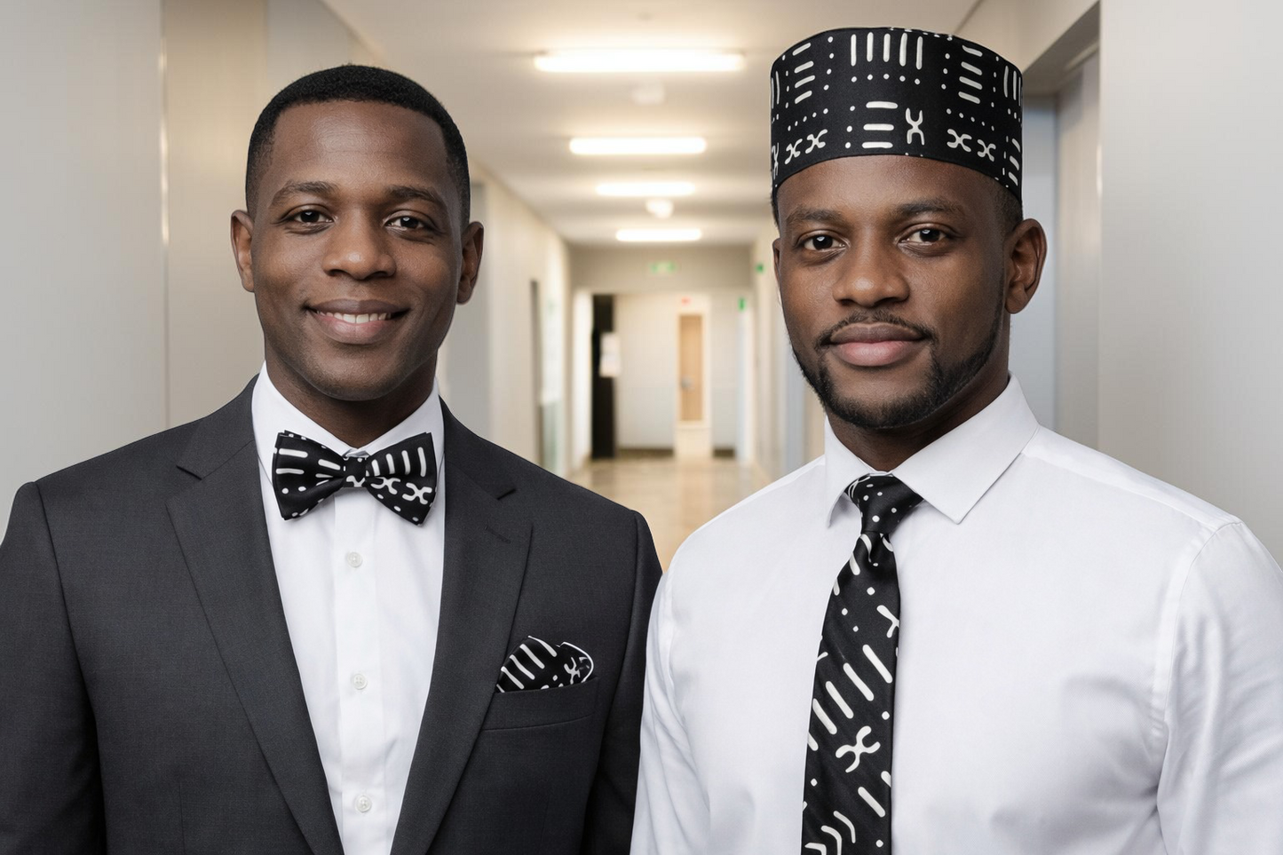 4 pc Midnight Mud cloth Elegance Bow Tie & Necktie Set with Matching Kufi & Pocket Square