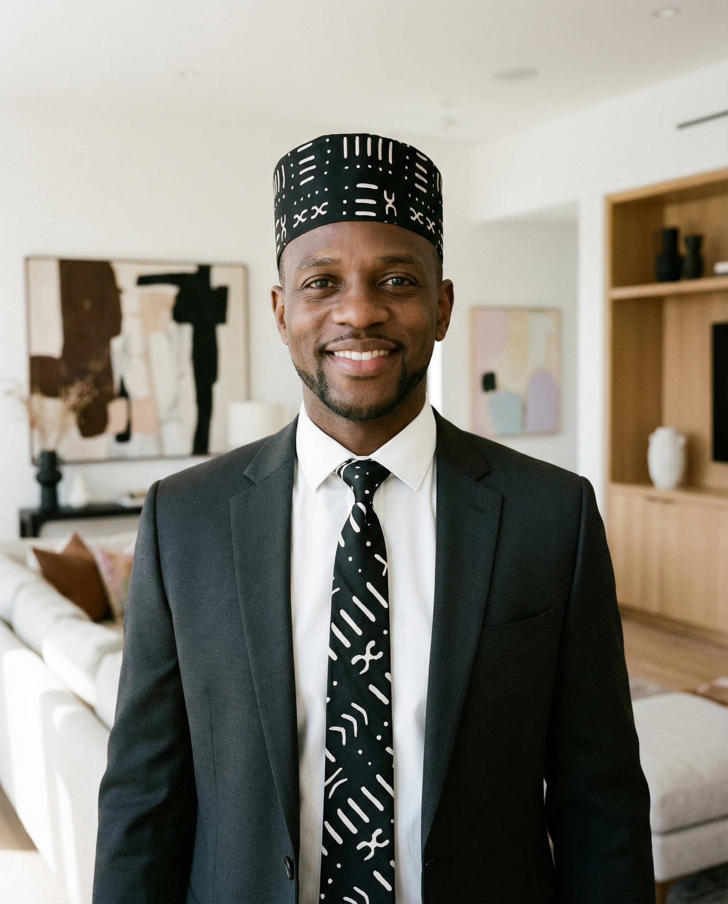 4 pc Midnight Mud cloth Elegance Bow Tie & Necktie Set with Matching Kufi & Pocket Square