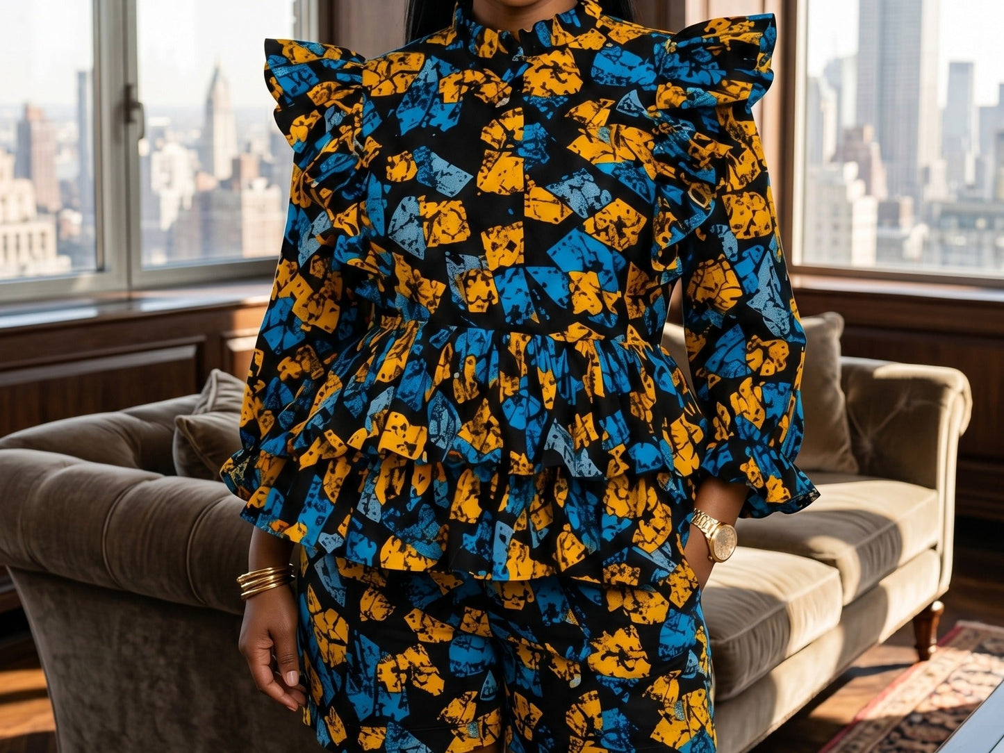 African Inspired Royal Blue, Mustard & Black Print Top