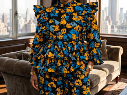 African Inspired Royal Blue, Mustard & Black Print Top