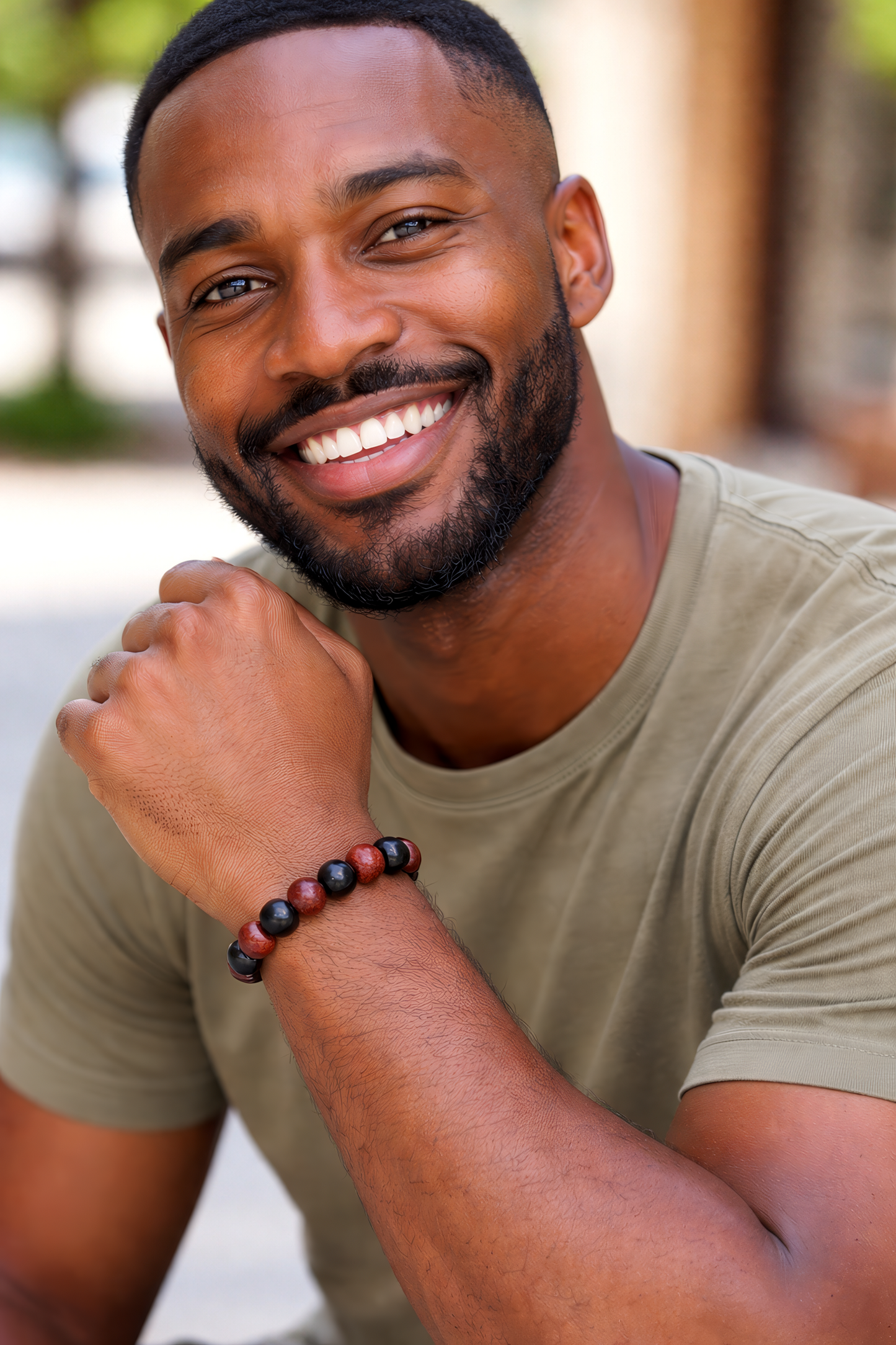 Men’s Black & Red Wooden Bead Stretch Bracelet