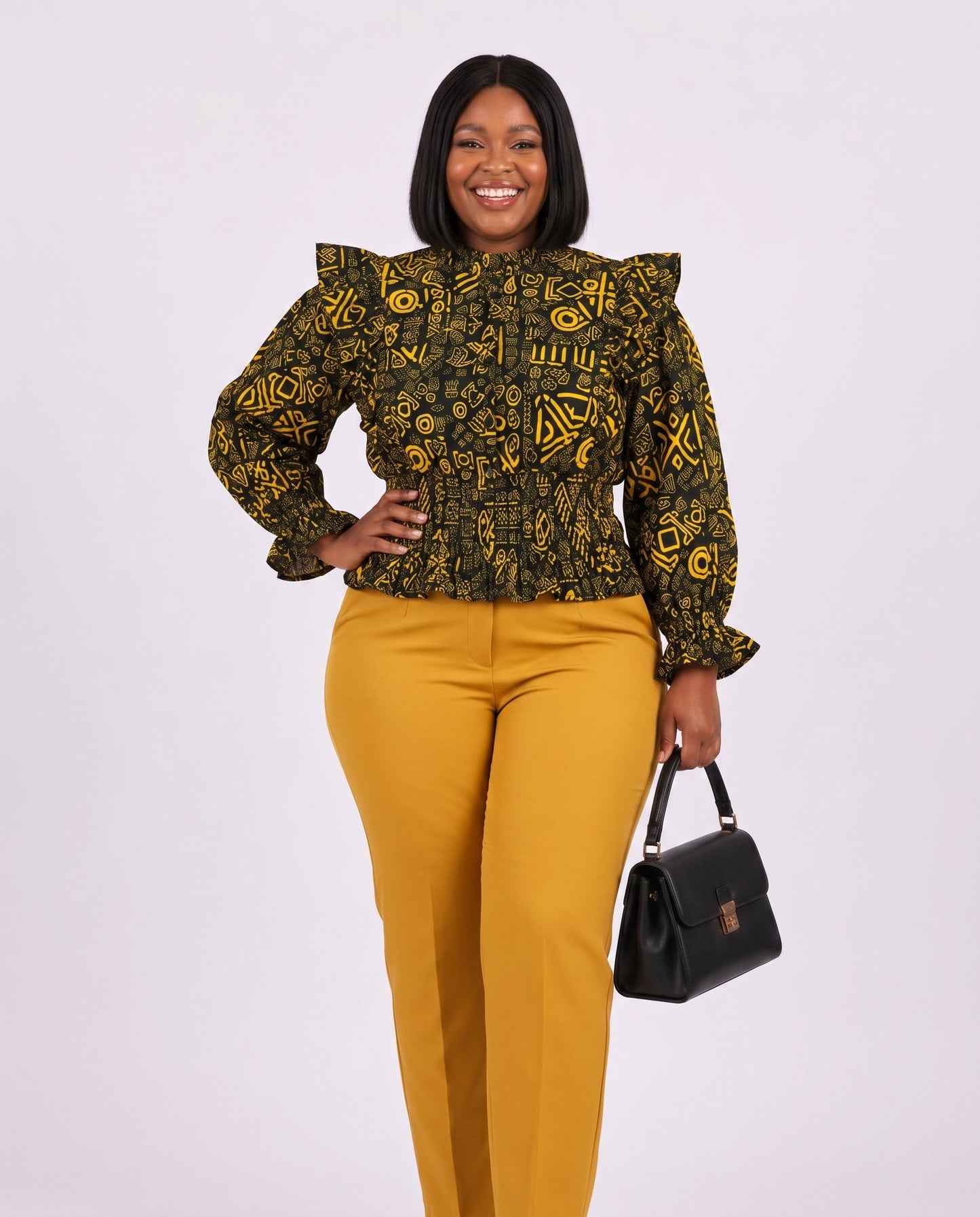 Black and Golden-Yellow Tribal-Inspired African Print Top and Maxi Skirt Set