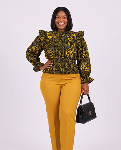 Black and Golden-Yellow Tribal-Inspired African Print Top and Maxi Skirt Set