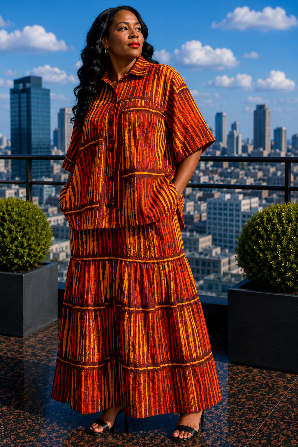 Woman in an orange patterned dress standing on a rooftop with city skyline in the background