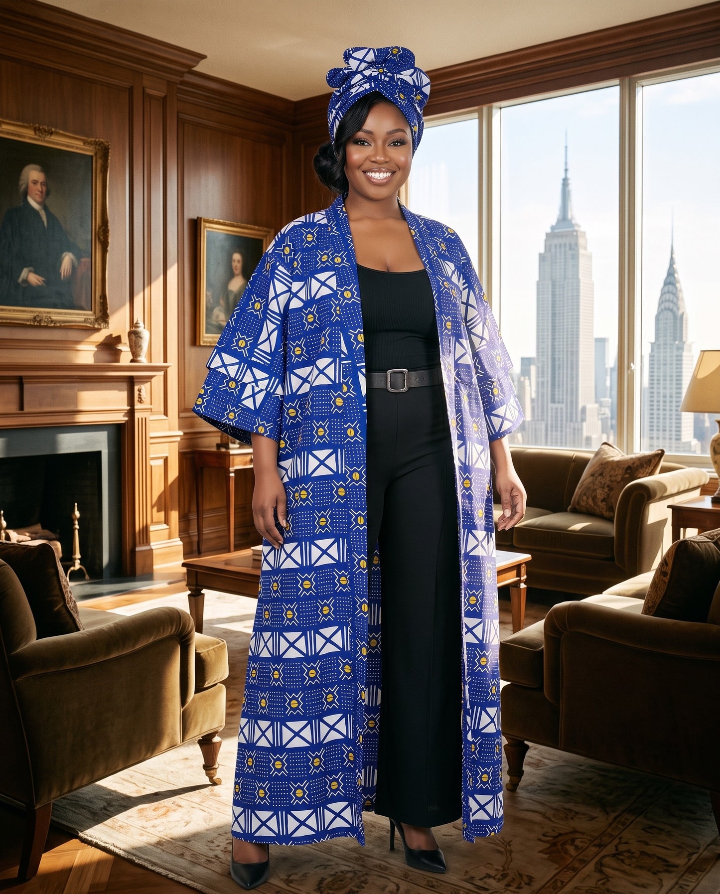 Royal Blue, White & Mustard Yellow African Print Kimono Duster w/Matching Headwrap
