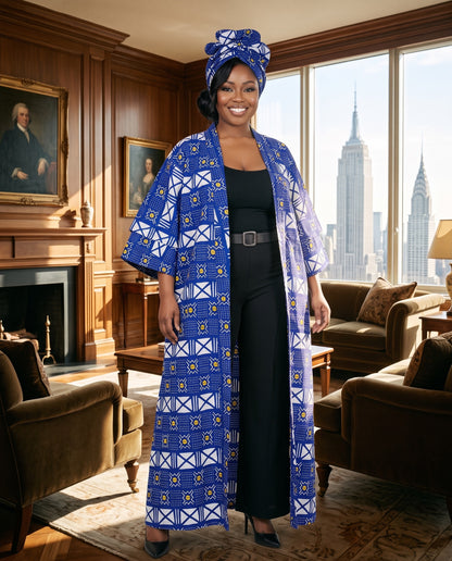 Royal Blue, White & Mustard Yellow African Print Kimono Duster w/Matching Headwrap