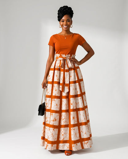 Stunning African Print Burnt-Orange-and-Cream Geometric Print Top and Maxi Skirt Set