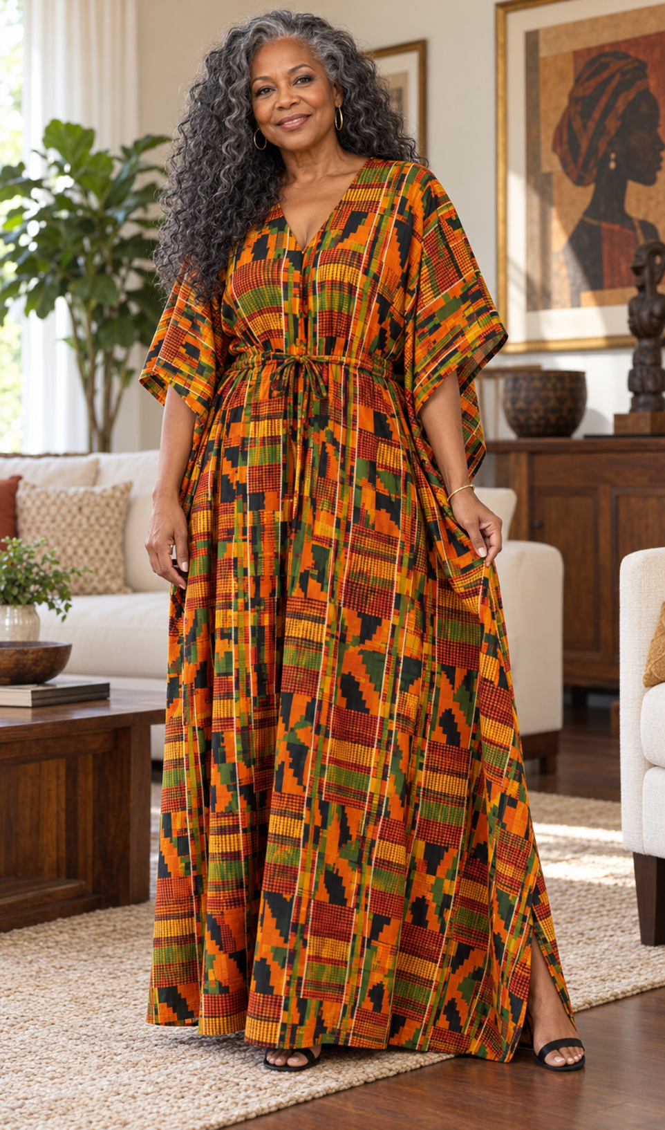 Orange Kente Print Kaftan