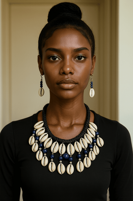 Royal Blue Beaded Cowrie Shell Necklace & Earring Set