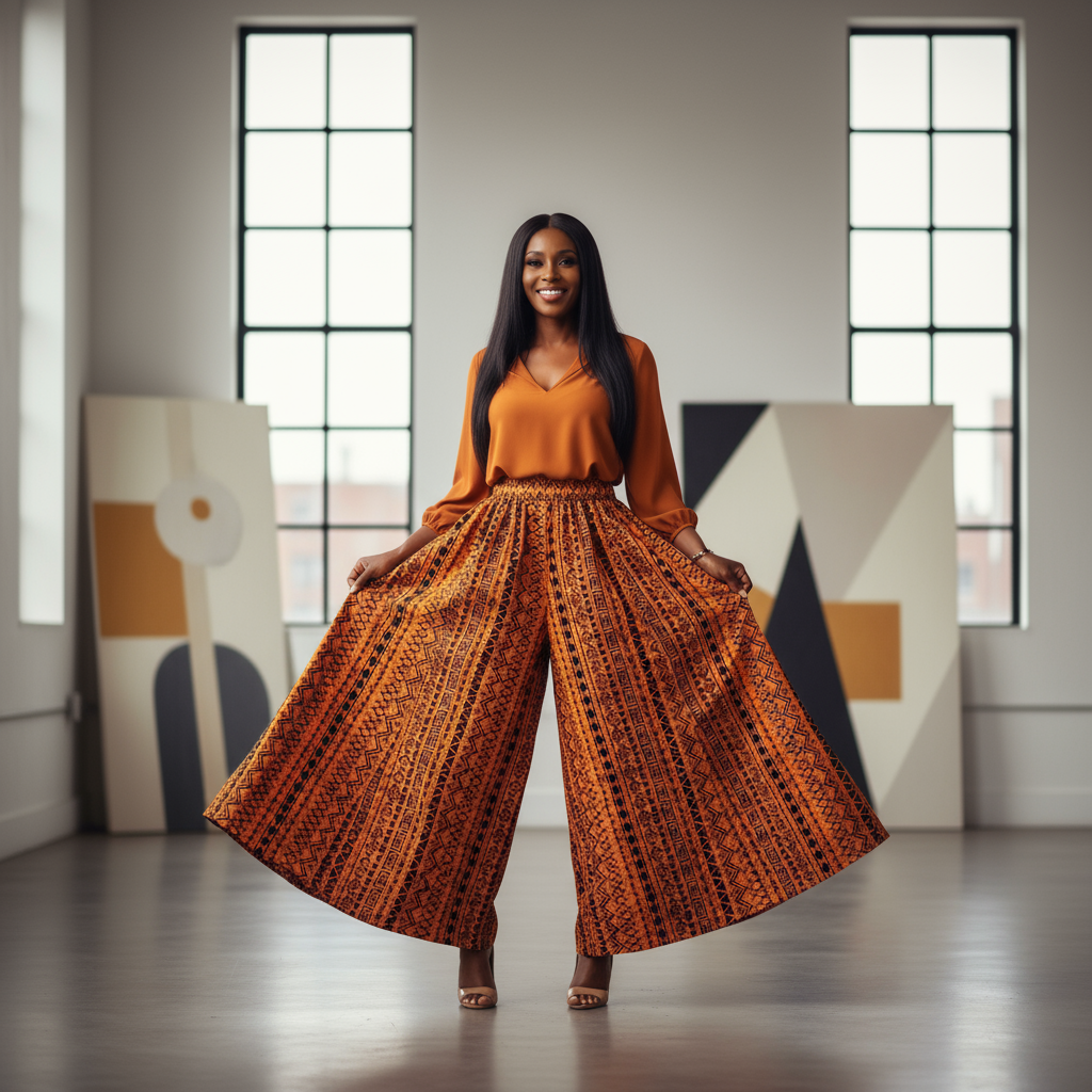 Women’s Orange and Black African Print Palazzo Pants